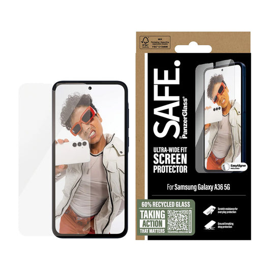 Folija za zaštitu ekrana PanzerGlass Safe. Ultra-Wide Fit EasyAligner za Samsung Galaxy A36 A366, Ojačano staklo, Full Glue