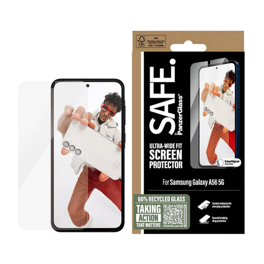 Folija za zaštitu ekrana PanzerGlass Safe. Ultra-Wide Fit EasyAligner za Samsung Galaxy A56 A566, Kaljeno staklo, Full Glue.