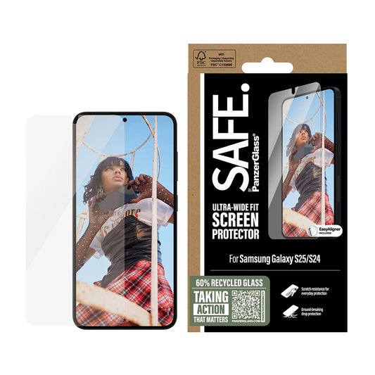 Folija za zaštitu ekrana PanzerGlass Safe. Ultra-Wide Fit EasyAligner za Samsung Galaxy S25 S931 / S24 S921, Kaljeno staklo, Full Glue