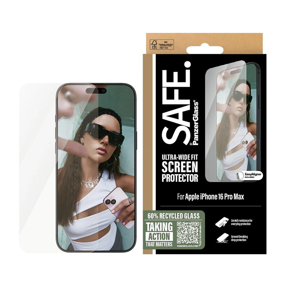 Folija za zaštitu ekrana PanzerGlass Safe. Ultra-Wide Fit za Apple iPhone 16 Pro Max, Kaljeno staklo, Full Glue.
