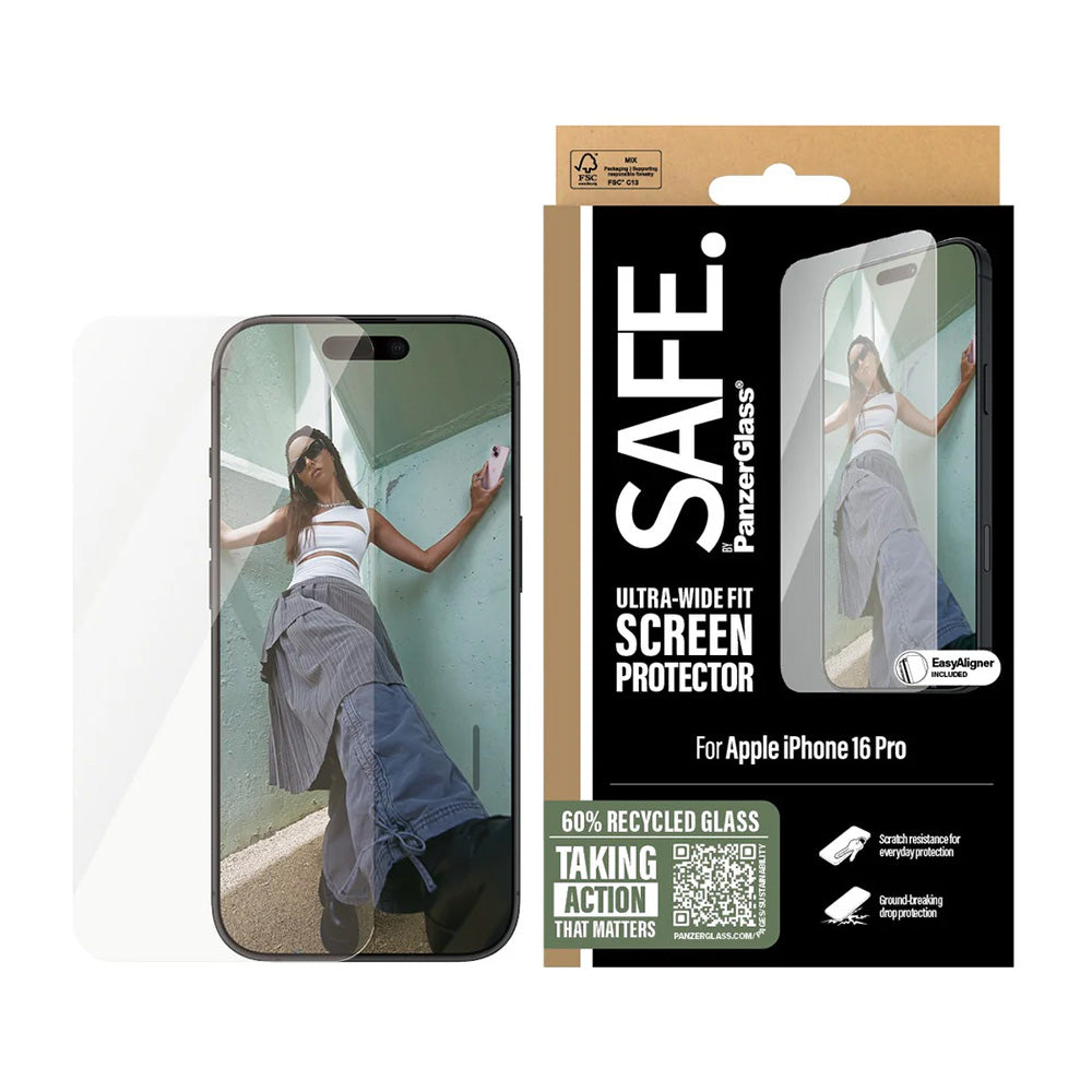 Folija za zaštitu ekrana PanzerGlass Safe. Ultra-Wide Fit za Apple iPhone 16 Pro, Kaljeno staklo, Full Glue.