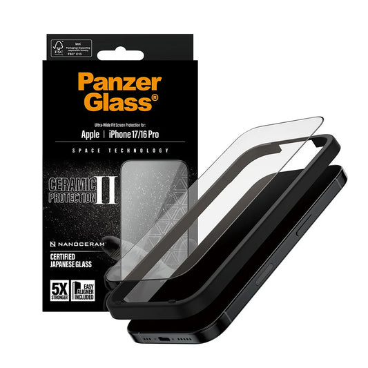 Folija za zaštitu ekrana PanzerGlass Ultra-Wide Ceramic II EasyAligner za Apple iPhone 17 / 16 Pro, Kaljeno staklo, Full Glue, Crna
