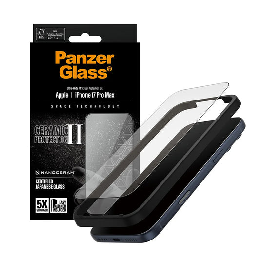 Folija za zaštitu ekrana PanzerGlass Ultra-Wide Ceramic II EasyAligner za Apple iPhone 17 Pro Max, Kaljeno staklo, Full Glue, Crna
