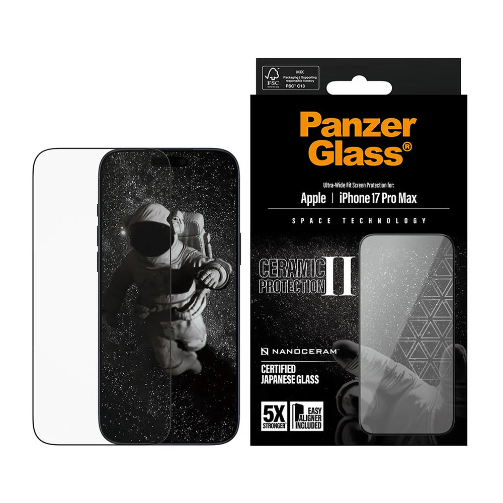 Folija za zaštitu ekrana PanzerGlass Ultra-Wide Ceramic II EasyAligner za Apple iPhone 17 Pro Max, Kaljeno staklo, Full Glue, Crna