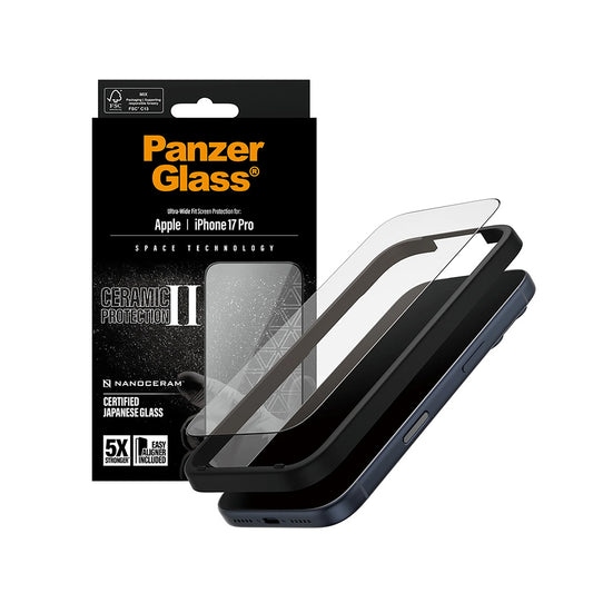 Folija za zaštitu ekrana PanzerGlass Ultra-Wide Ceramic II EasyAligner za Apple iPhone 17 Pro, Kaljeno staklo, Full Glue, Crna