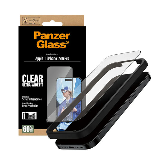 Zaštitna folija za ekran PanzerGlass Ultra-Wide Fit EasyAligner za Apple iPhone 17 / 16 Pro, Kaljeno staklo, Full Glue, Crna