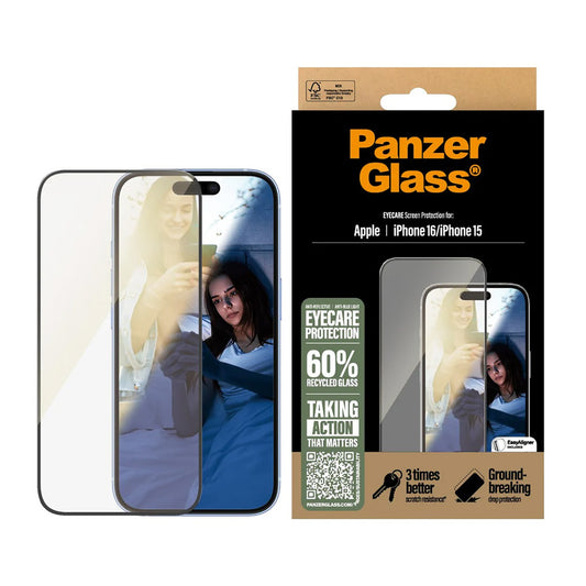 Zaštitna folija za ekran PanzerGlass Ultra-Wide Fit EyeCare za Apple iPhone 16 / 15, Kaljeno staklo, Full Glue, Crna
