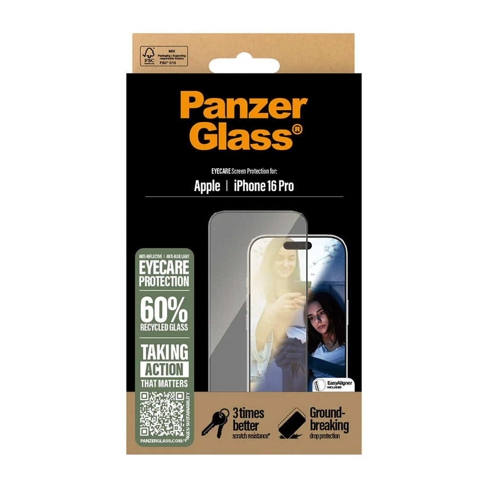 Folija za zaštitu ekrana PanzerGlass Ultra-Wide Fit EyeCare za Apple iPhone 16 Pro, Kaljeno staklo, Full Glue, Crna
