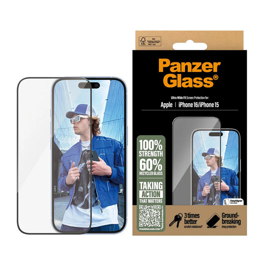 Folija za zaštitu ekrana PanzerGlass Ultra-Wide Fit za Apple iPhone 16 / 15, Kaljeno staklo, Full Glue, Crna