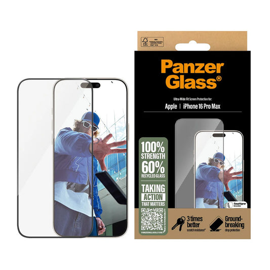 Folija za zaštitu ekrana PanzerGlass Ultra-Wide Fit za Apple iPhone 16 Pro Max, Kaljeno staklo, Full Glue, Crna