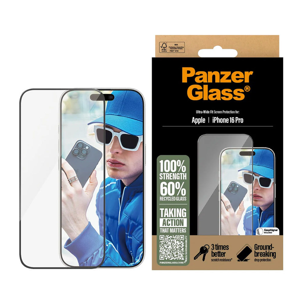Folija za zaštitu ekrana PanzerGlass Ultra-Wide Fit za Apple iPhone 16 Pro, Kaljeno staklo, Full Glue, Crna