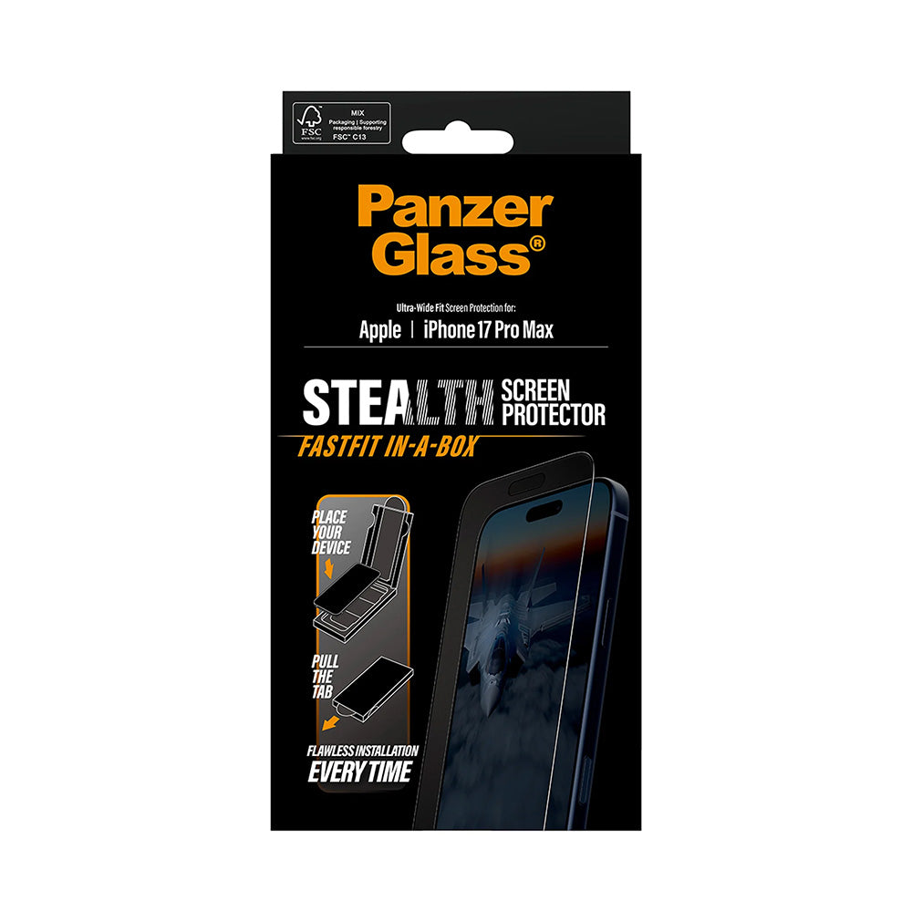 Folija za zaštitu ekrana PanzerGlass Ultra-Wide Fit Stealth Fastfit za Apple iPhone 17 Pro Max, Kaljeno staklo, Full Glue, Crna