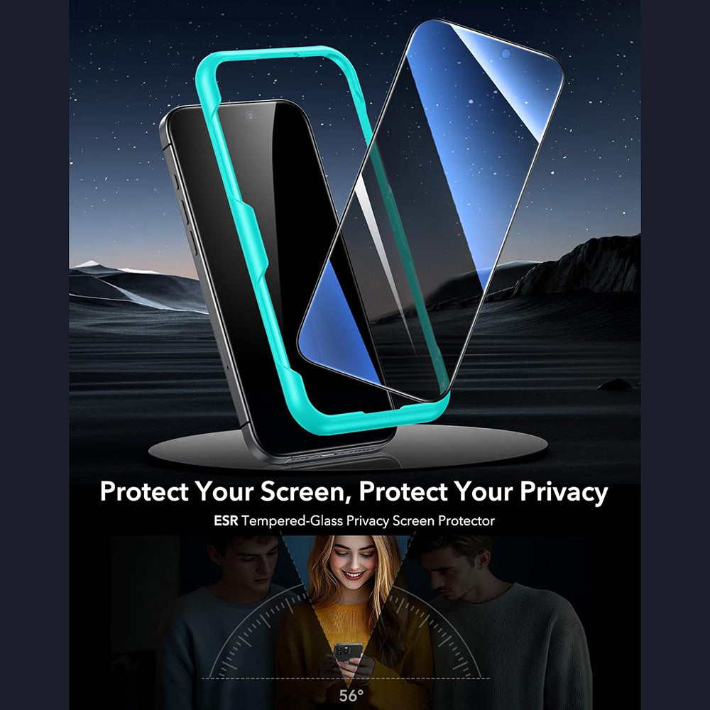 Folija za zaštitu ekrana Privacy ESR za Apple iPhone 17 / 16 Pro, Kaljeno staklo, Full Glue, Set od 3 komada