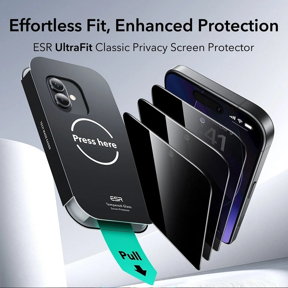 Folija za zaštitu ekrana Privacy ESR UltraFit za Apple iPhone 17 / 16 Pro, Kaljeno staklo, Full Glue, Set od 3 komada