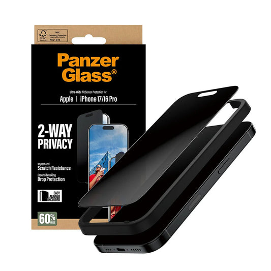 Folija za zaštitu ekrana Privacy PanzerGlass Ultra-Wide Fit 2-Way EasyAligner za Apple iPhone 17 / 16 Pro, Kaljeno staklo, Full Glue