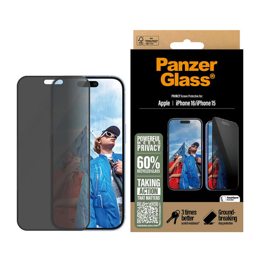 Folija za zaštitu ekrana Privacy PanzerGlass Ultra-Wide Fit EasyAligner za Apple iPhone 16 / 15, Kaljeno staklo, Full Glue