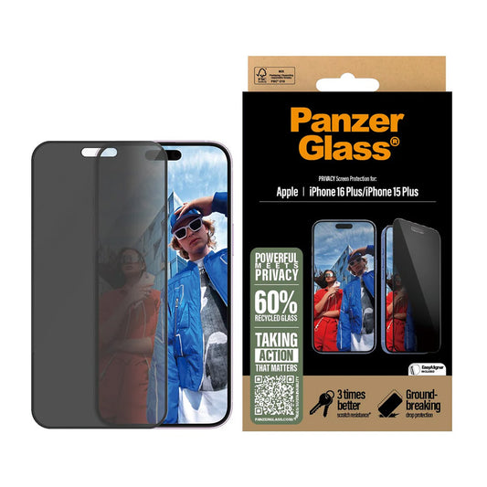 Folija za zaštitu ekrana Privacy PanzerGlass Ultra-Wide Fit EasyAligner za Apple iPhone 16 Plus / 15 Plus, Kaljeno staklo, Full Glue