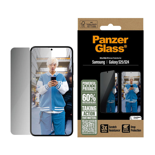 Folija za zaštitu ekrana Privacy PanzerGlass Ultra-Wide Fit za Samsung Galaxy S25 S931 / S24 S921, Kaljeno staklo, Full Glue
