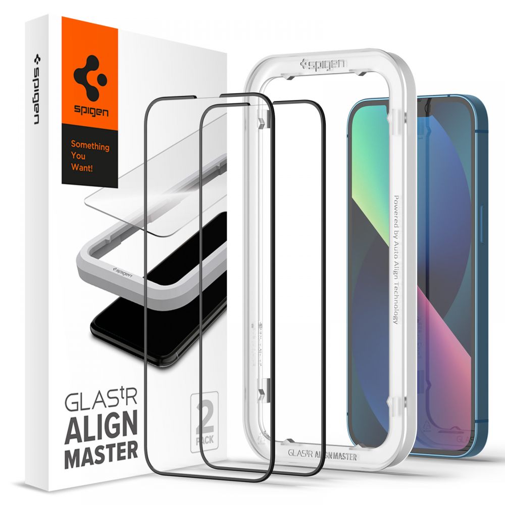 Folija za zaštitu ekrana Spigen GlastR Align Master za Apple iPhone 16e / 14, Kaljeno staklo, Full Glue, Set 2 komada, Crna AGL03387