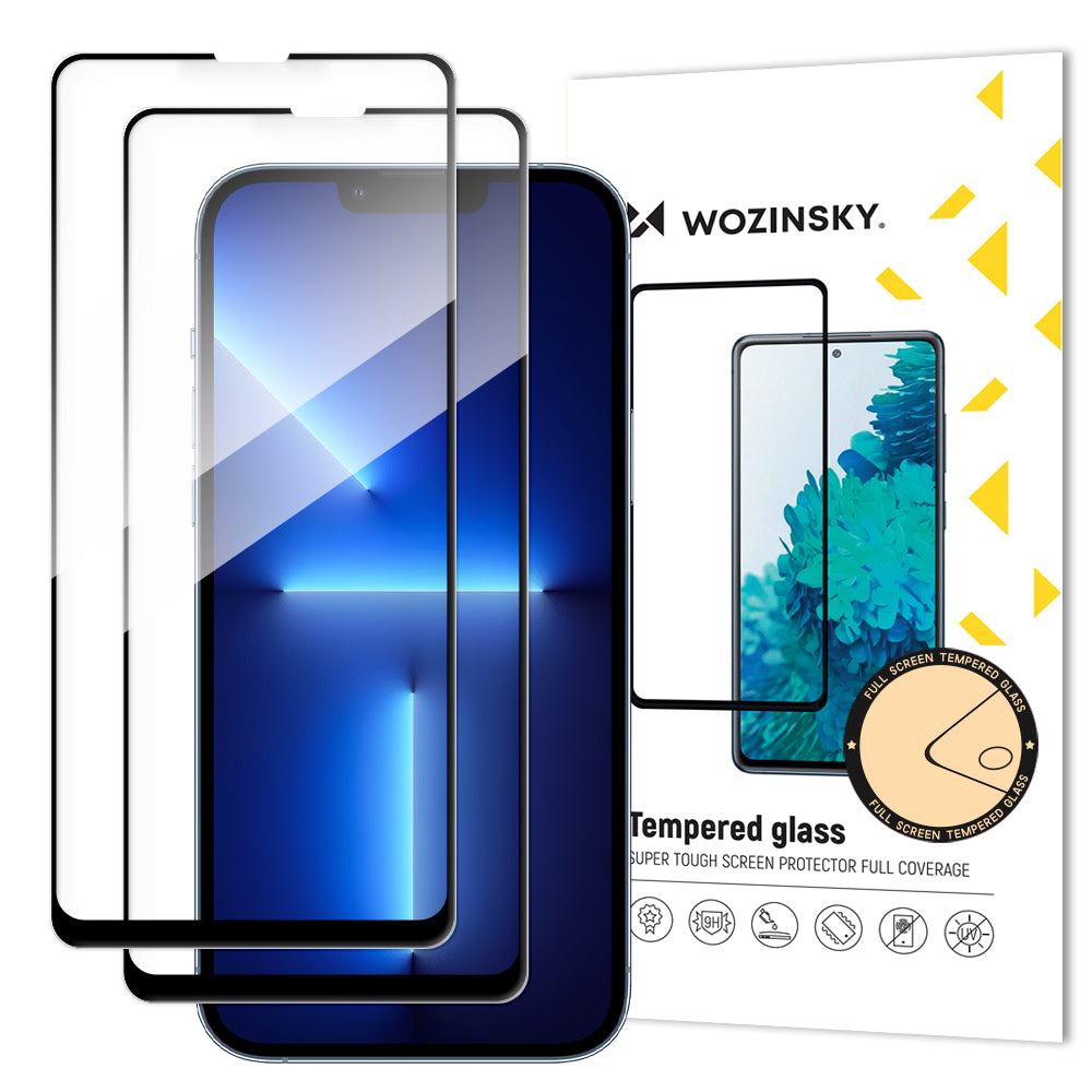 Folija za zaštitu ekrana WZK za Apple iPhone 17e / 16e / 14 / 13 Pro, Kaljeno staklo, Full Glue, Set 2 komada, Crna