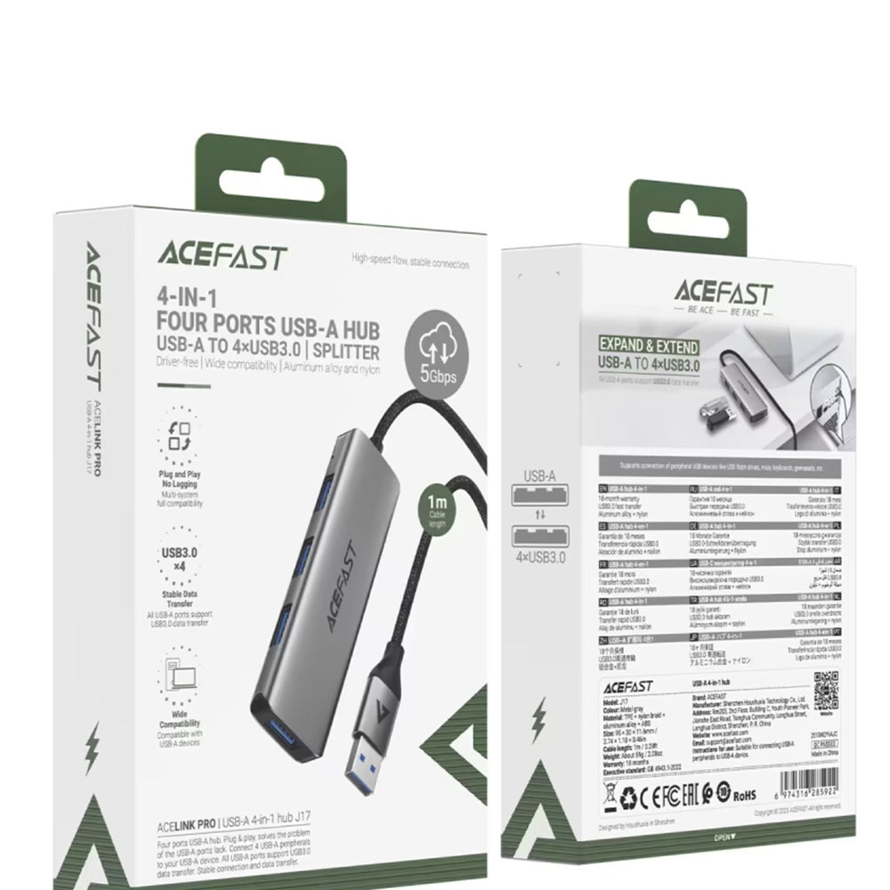 Hub USB Acefast J17, 4u1, Sivi
