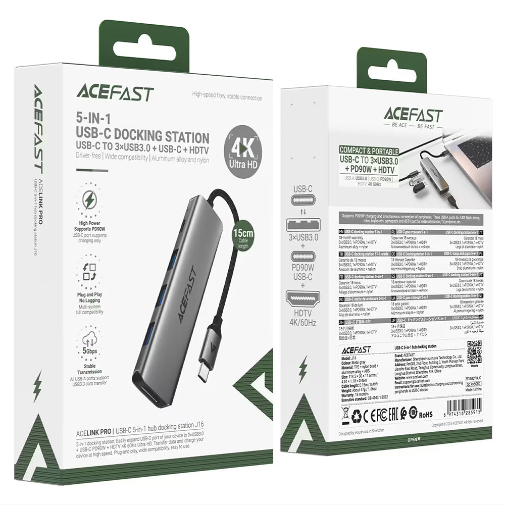 Hub USB-C Acefast J16, 5u1, Sivi