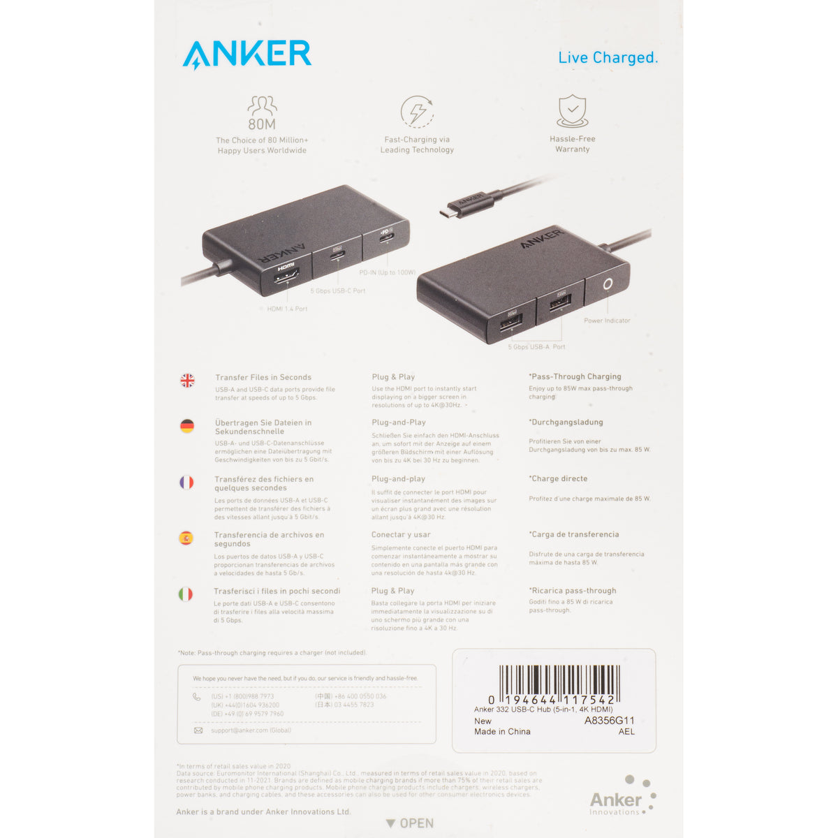 Hub USB-C Anker 332, 2 x USB-A - 2 x USB-C - 1 x HDMI, Crna A8356G11