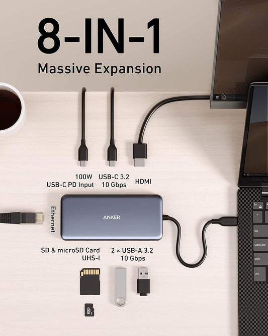 Hub USB-C Anker 555, 2 x USB-A 3.2 - 2 x USB-C - 1 x HDMI - 1 x RJ45 - 1 x SD - 1 x microSD, Sivi A83830A2