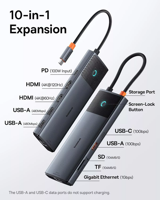 Hub USB-C Baseus Dual Display, 1 x USB-A 3.0 - 2 x USB-A - 2 x USB-C - 2 x HDMI - 1 x RJ45 - 1 x SD - 1 x microSD, Crni B00061800123-01