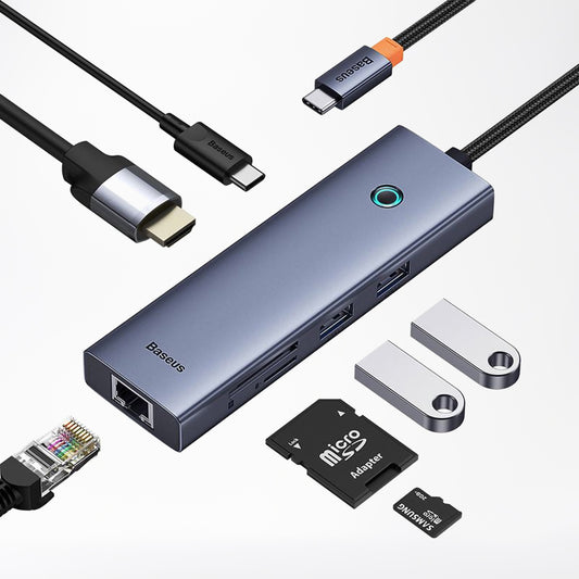 Hub USB-C Baseus UltraJoy, 2 x USB-A 3.0 - 1 x USB-C - 1 x HDMI - 1 x RJ45 - 1 x SD - 1 x microSD, Sivi B00052805813-00