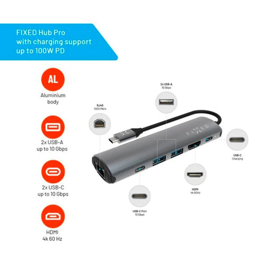 Hub USB-C Fixed Pro, 6in1, Sivi
