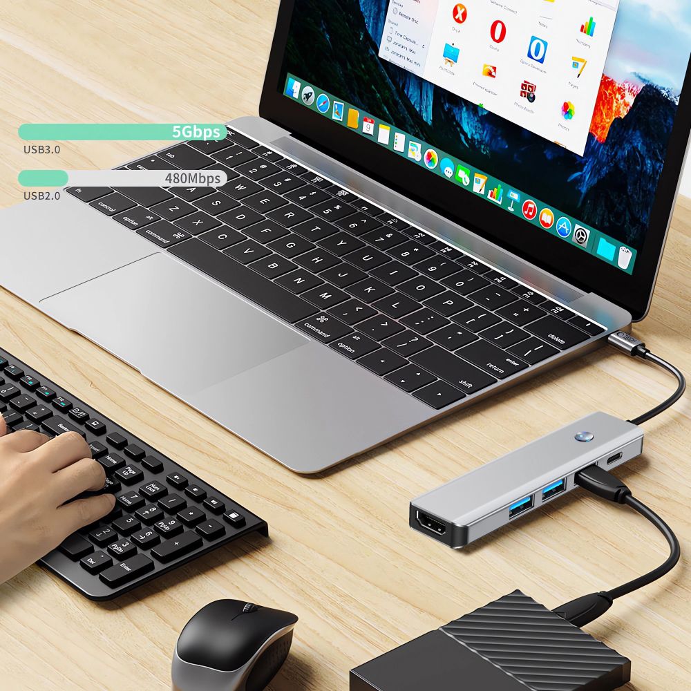 Hub USB-C Tech-Protect HB01, 1 x USB-A 3.0 - 2 x USB-A - 1 x USB-C - 1 x HDMI, Sivi