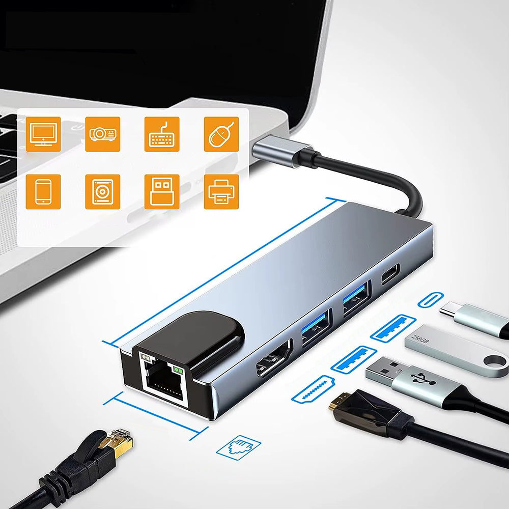 Hub USB-C Techsuit H1 NetBridge, 5u1, Sivi
