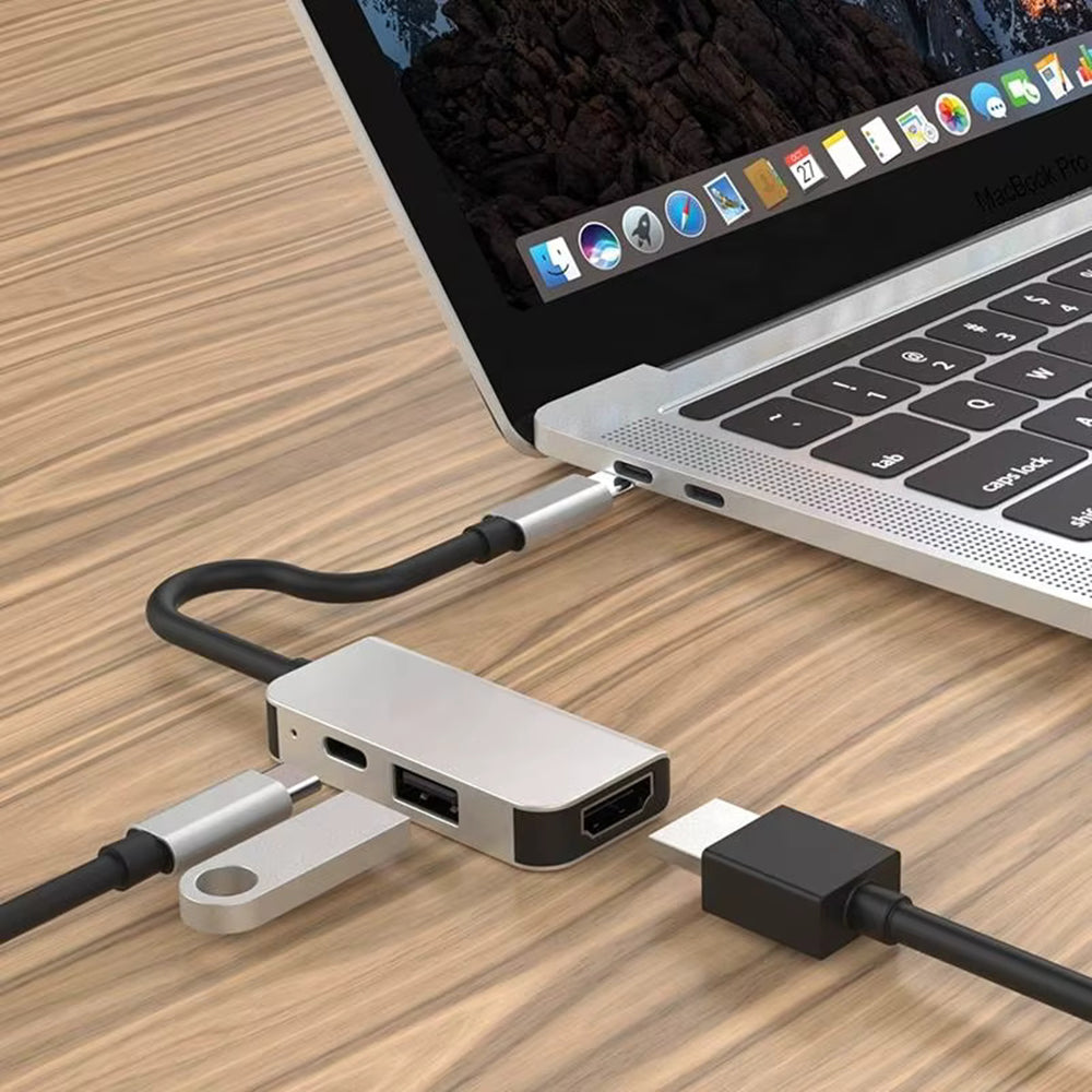 Hub USB-C Techsuit H4 TurboChargeX, 3u1, Sivi