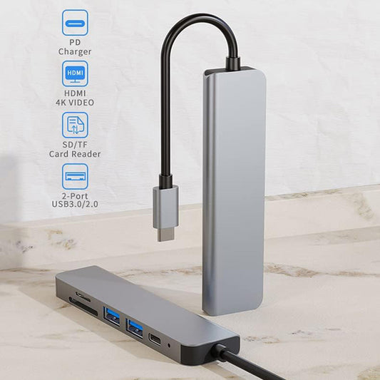 Hub USB-C Techsuit H5 TurboChargeX, 6in1, Sivi