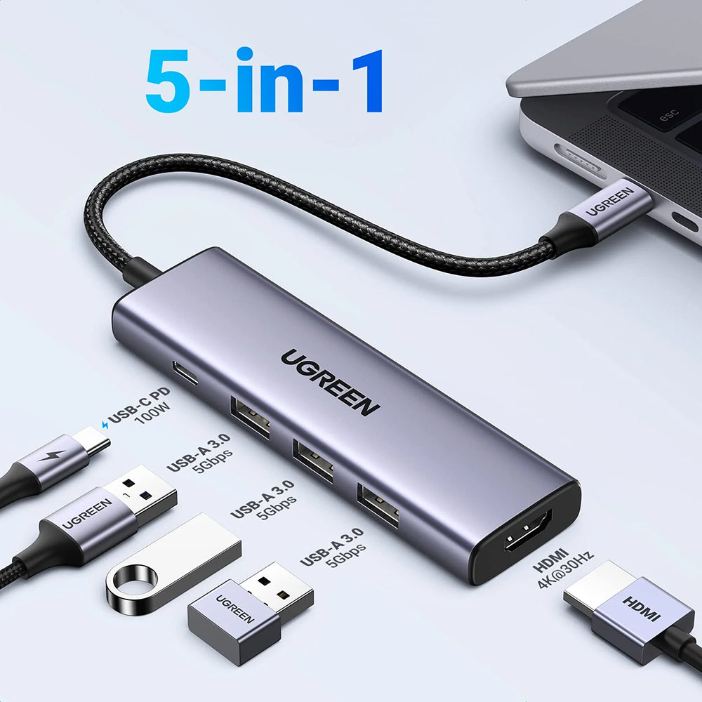 Hub USB-C UGREEN CM511 (15596), 3 x USB-A 3.0 - 1 x USB-C - 1 x HDMI, Sivi