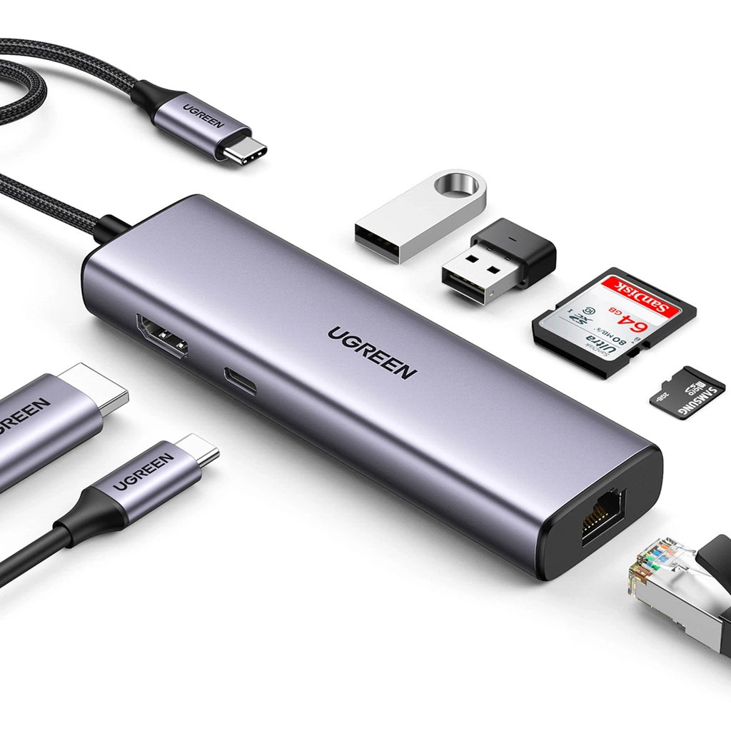 Hub USB-C UGREEN CM512 (90568), 2 x USB-A 3.0 - 1 x USB-C - 1 x HDMI - 1 x RJ45 - 1 x SD - 1 x microSD, Sivi