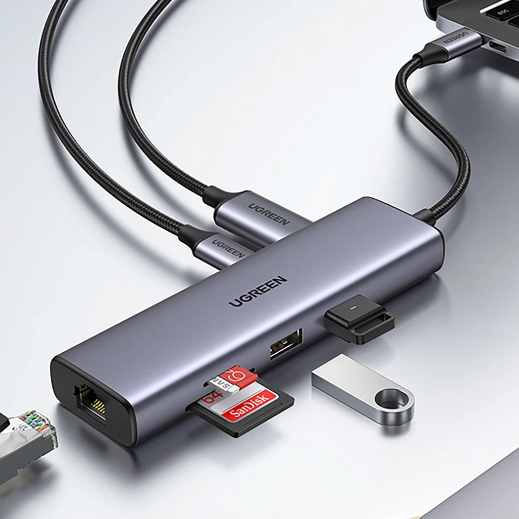 Hub USB-C UGREEN CM512 (90568), 2 x USB-A 3.0 - 1 x USB-C - 1 x HDMI - 1 x RJ45 - 1 x SD - 1 x microSD, Sivi