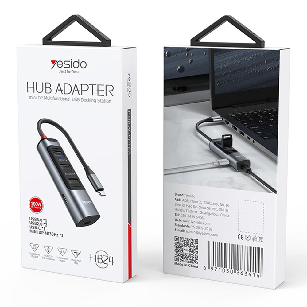 Hub USB-C Yesido HB24, 5in1, Sivi
