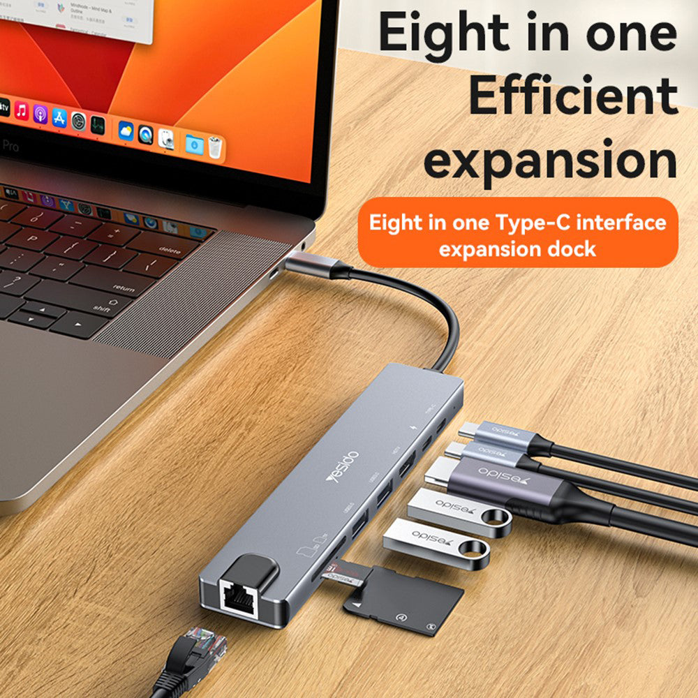 Hub USB-C Yesido HB27, 8u1, Sivi