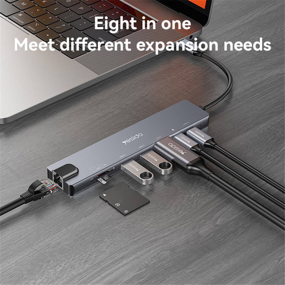 Hub USB-C Yesido HB27, 8u1, Sivi