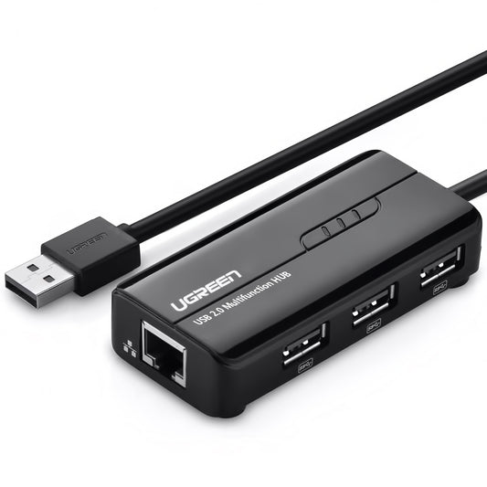Hub USB UGREEN 20264, 3 x USB-A - 1 x RJ45, Crni