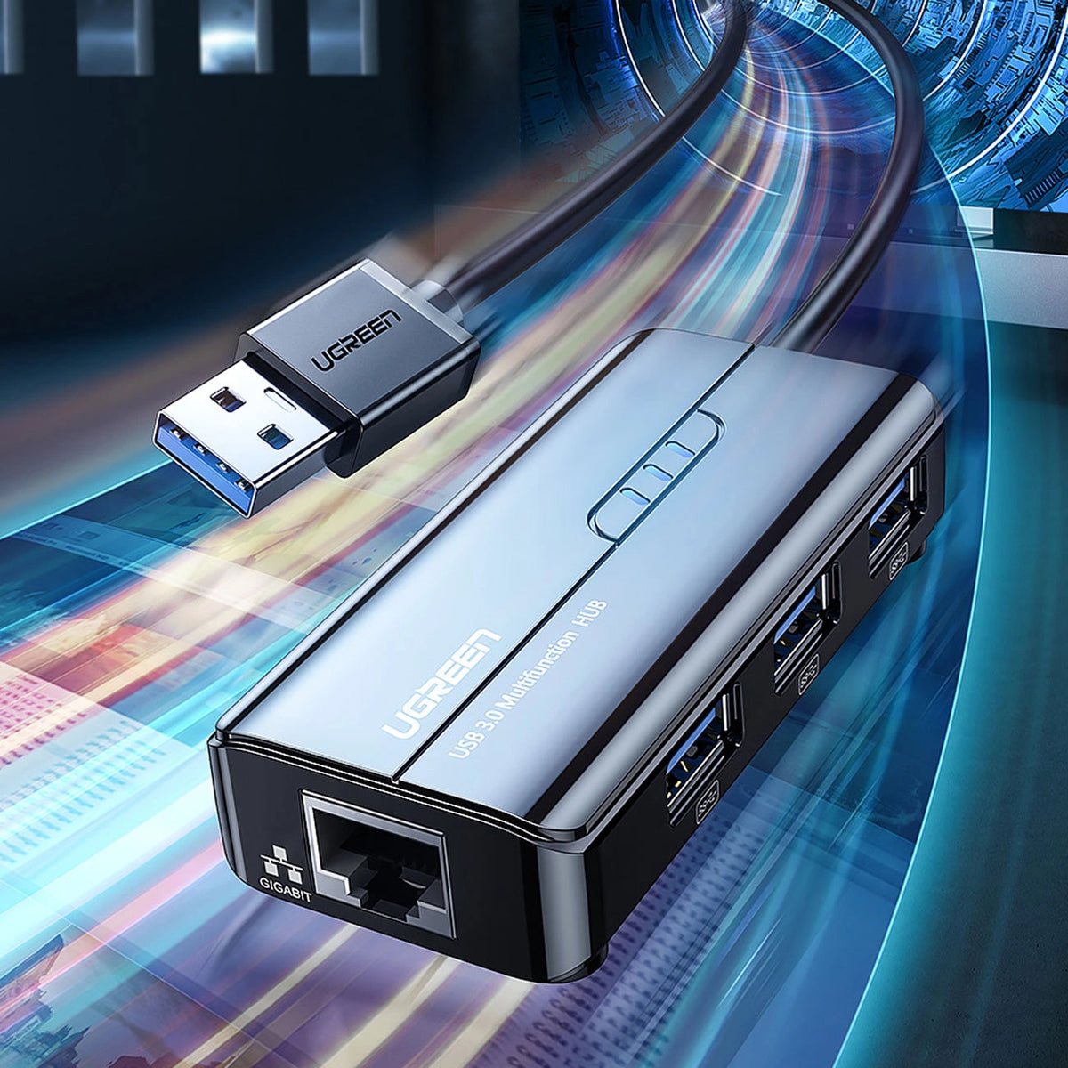 Hub USB UGREEN 20265, 3 x USB-A 3.0 - 1 x RJ45, Crni