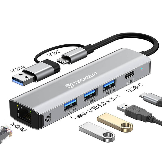 Hub USB / USB-C Techsuit H3 BoostNetLink, 5in1, Sivi