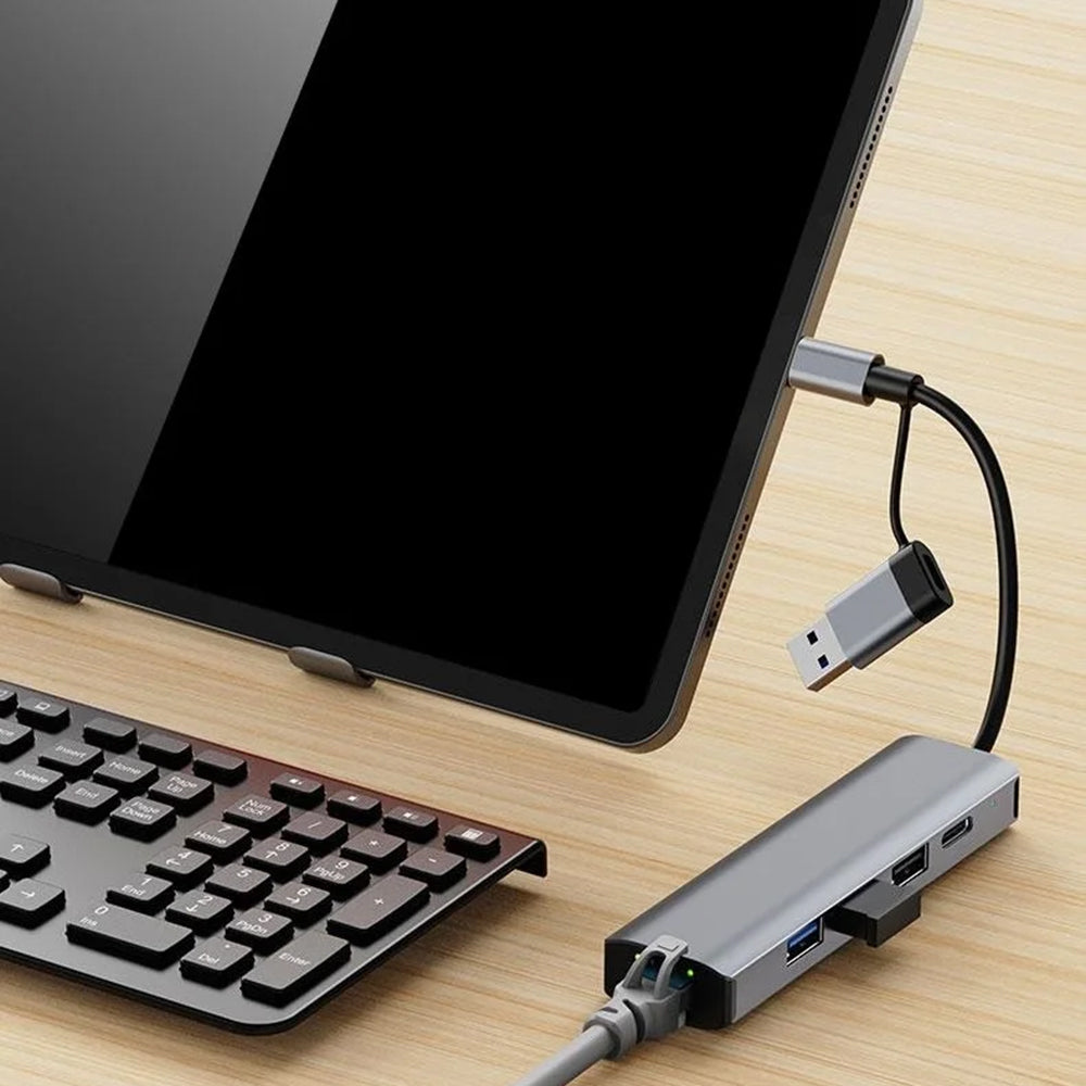 Hub USB / USB-C Techsuit H3 BoostNetLink, 5in1, Sivi