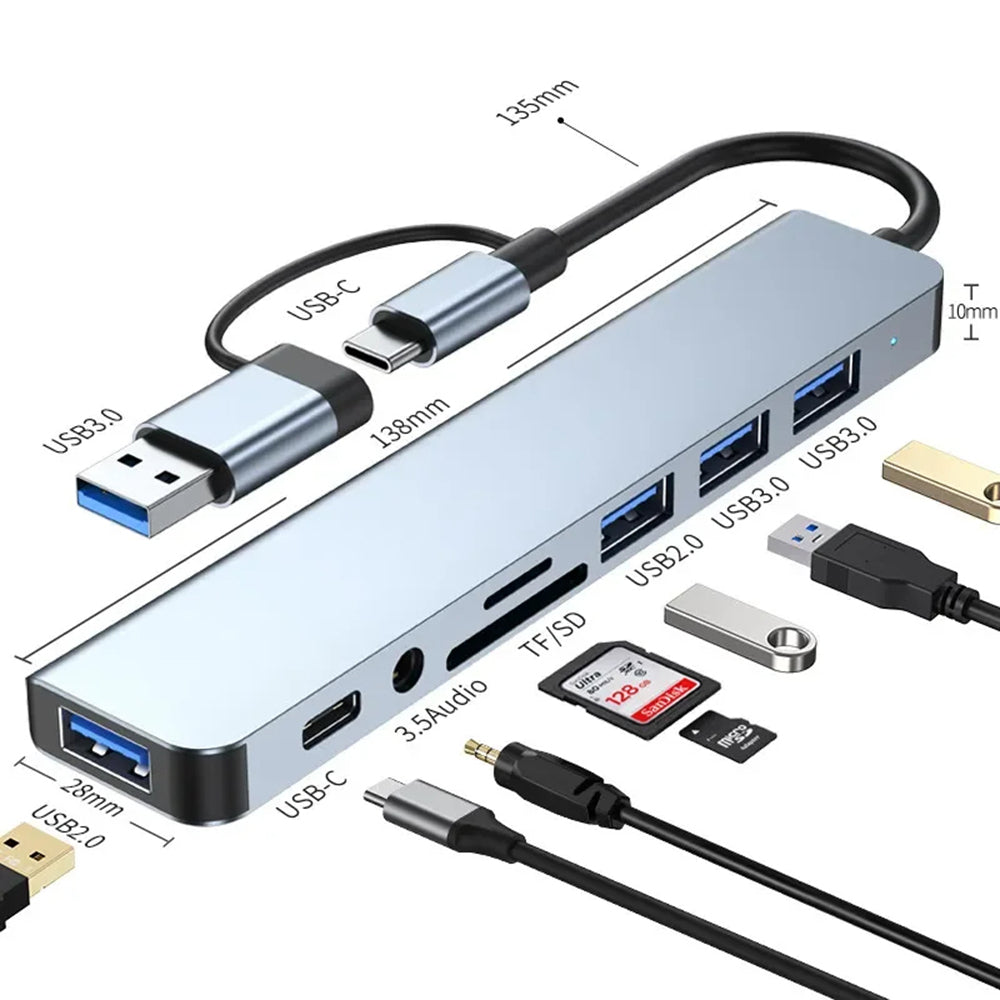 Hub USB / USB-C Techsuit H9 DataBridge, 8in1, Sivi