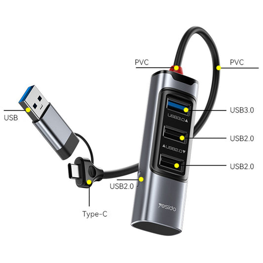 Hub USB / USB-C Yesido HB19, 4in1, Sivi