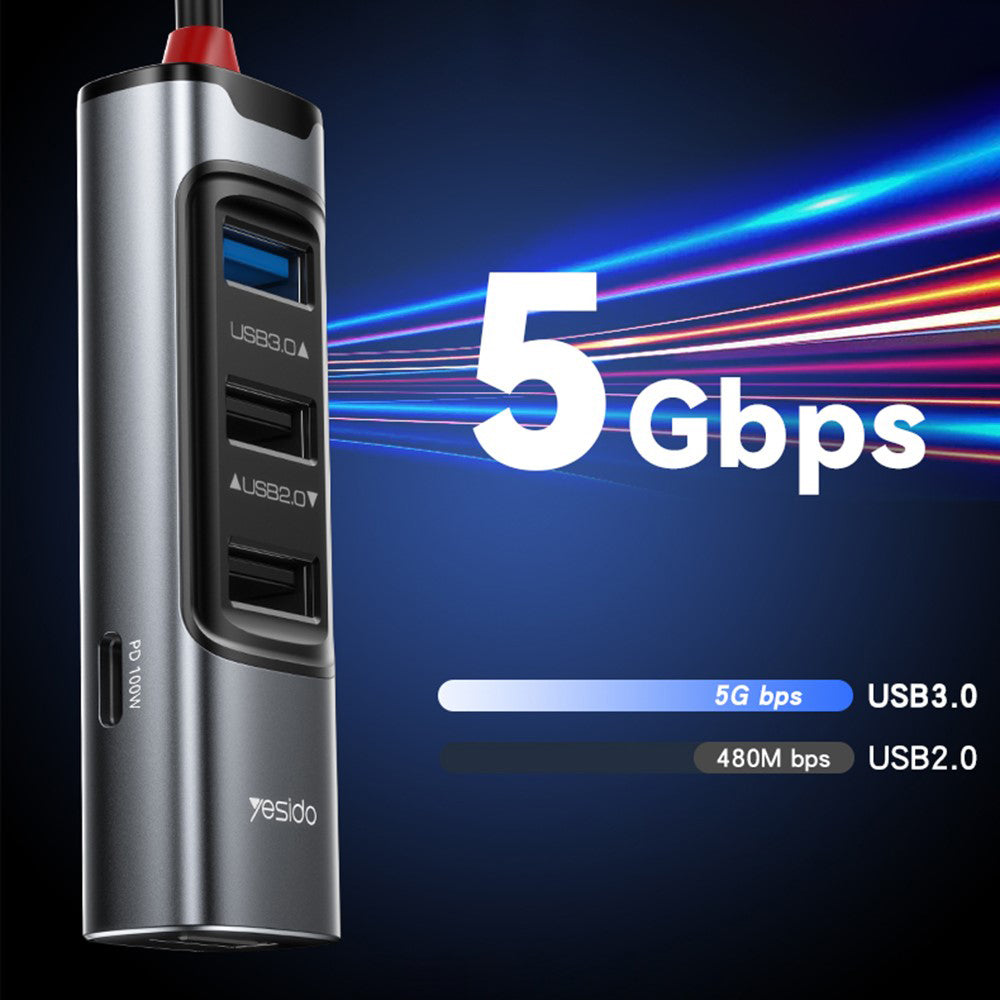 Hub USB / USB-C Yesido HB20, 5in1, Sivi
