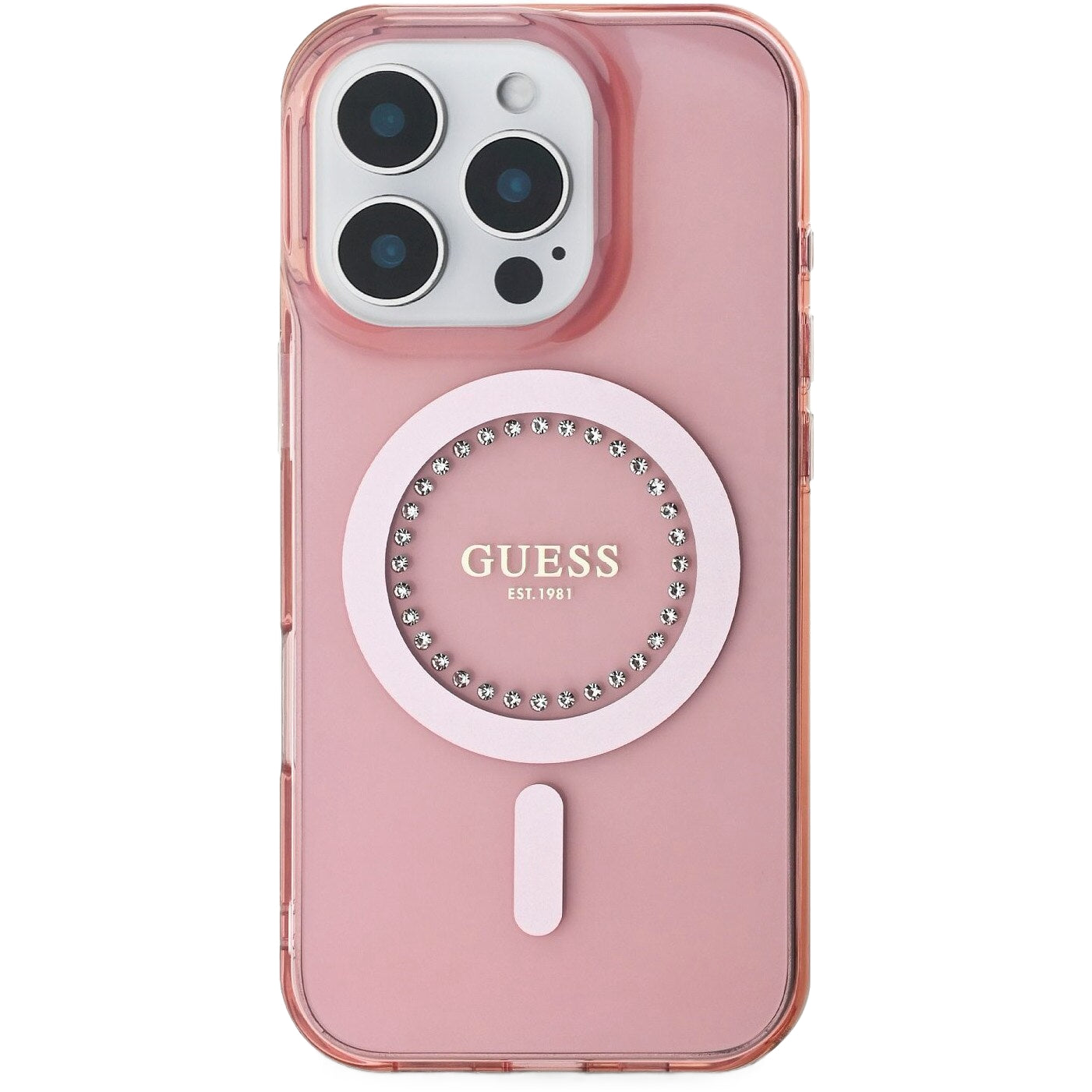 Futrola MagSafe za Apple iPhone 16 Pro Max, Guess, IML Rhinestones Ring, Roze GUHMP16XPFTDTEP