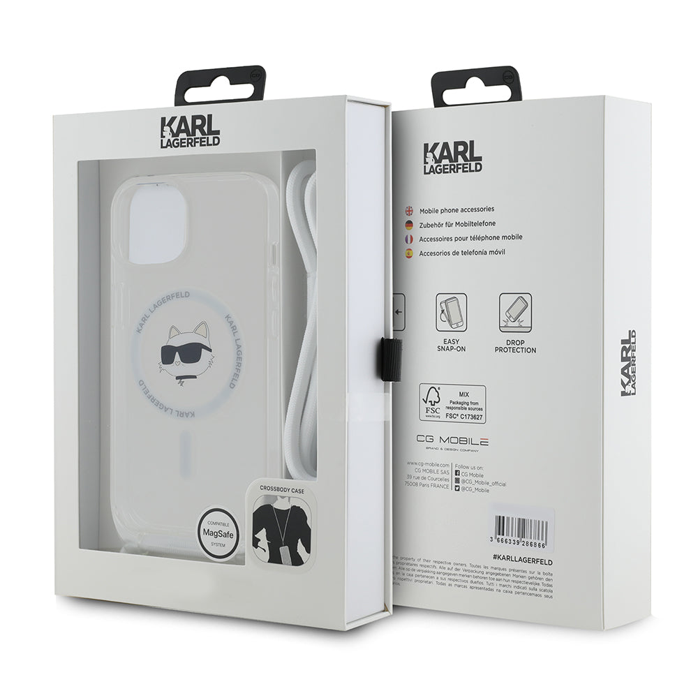 Futrola MagSafe za Apple iPhone 14, Karl Lagerfeld, IML Crossbody Choupette's Head with Strap, Transparentna